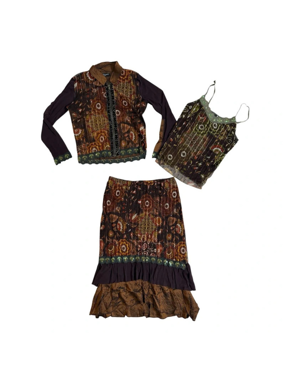 Vintage Elitelle Paris Y2K Romantic Boho Sequin Mesh 3-Piece Set